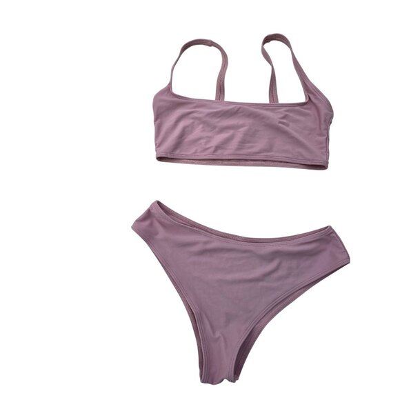 Two-Piece Dusty Pink Bikini Set With Spaghetti Straps & High-Waisted Bottoms - Picture 1 of 3